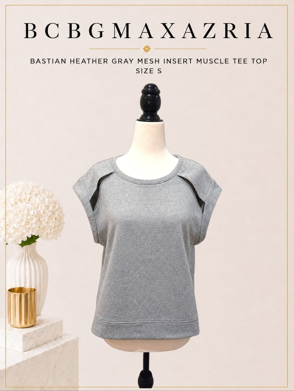 BCBGMAXAZRIA Sport Luxe Bastian Heather Gray Black Mesh Insert Cotton Tee Top S